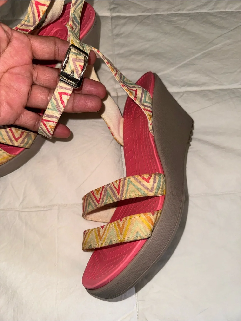 CROCS Brown Wedge Sandals with Multicolor Chevron Straps